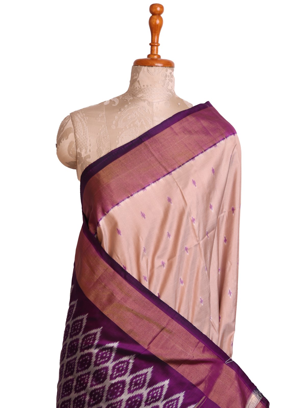 Beige Ikat Silk Saree With Purple Border