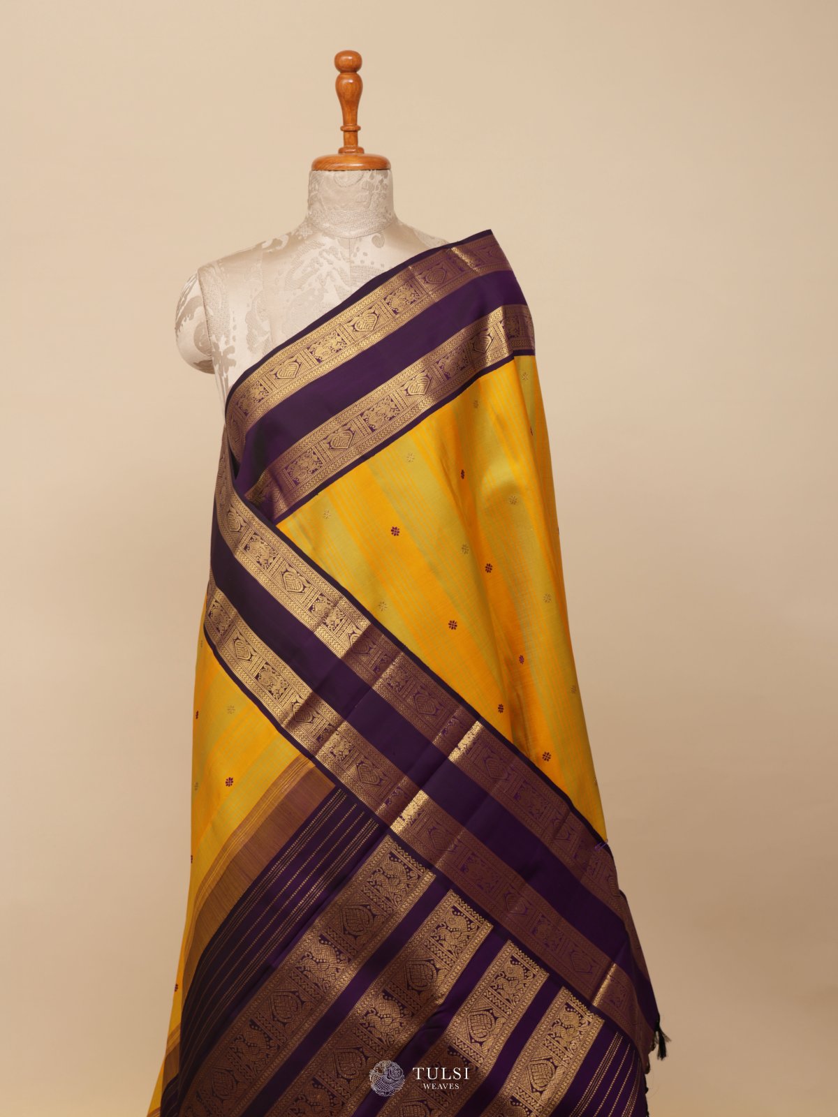 Yellow Kanjeevaram Silk Saree With Purple Border