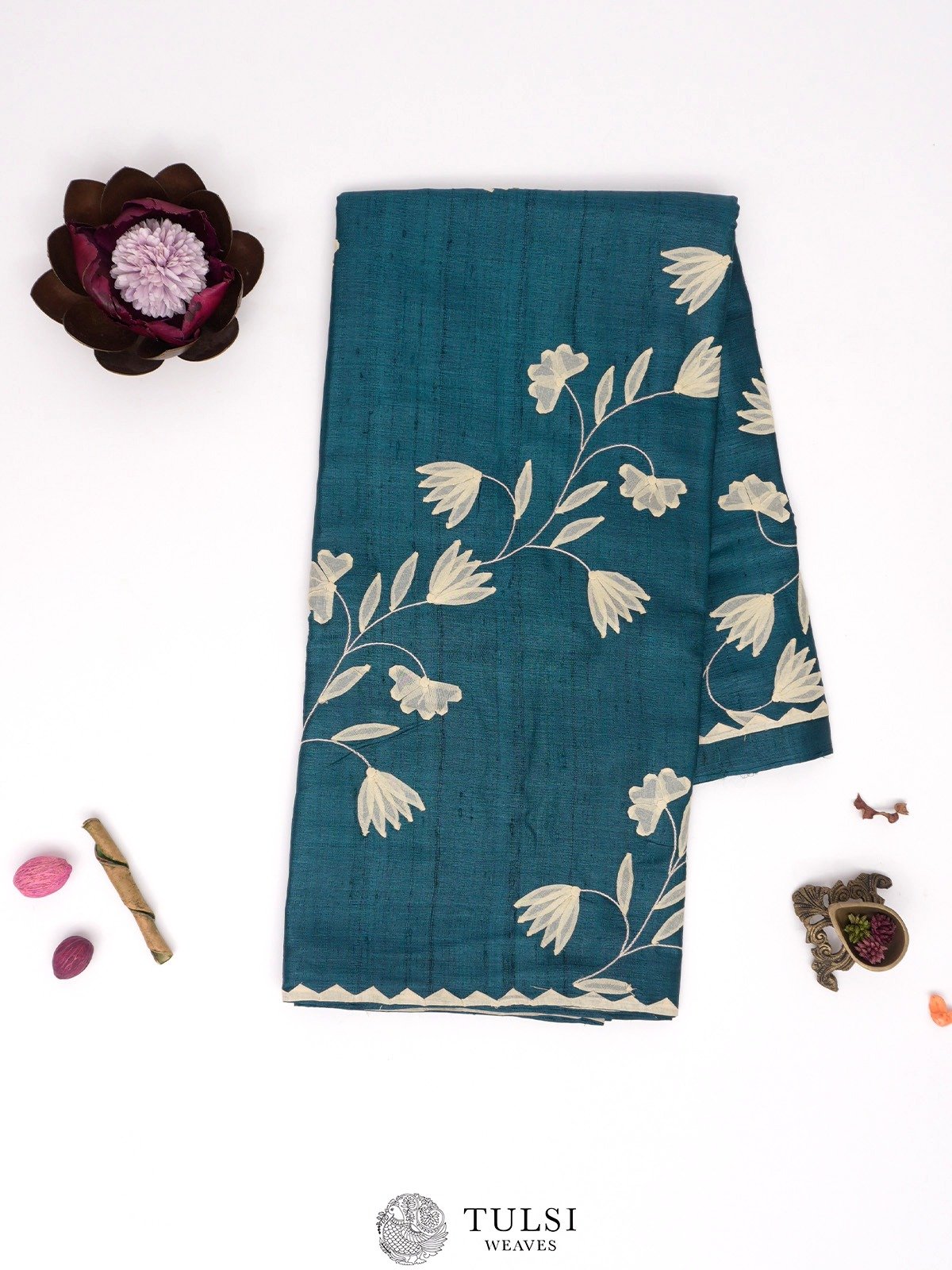 Teal Blue Tussar Silk Saree with Applique Work