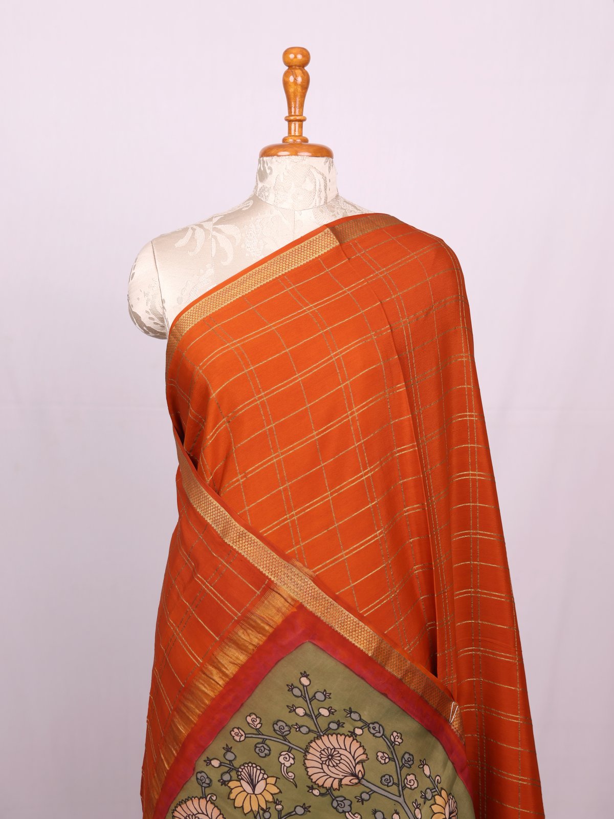 Burnt Orange Checked Mysore Crepe Silk Saree With Kalamkari Blouse And Pallu