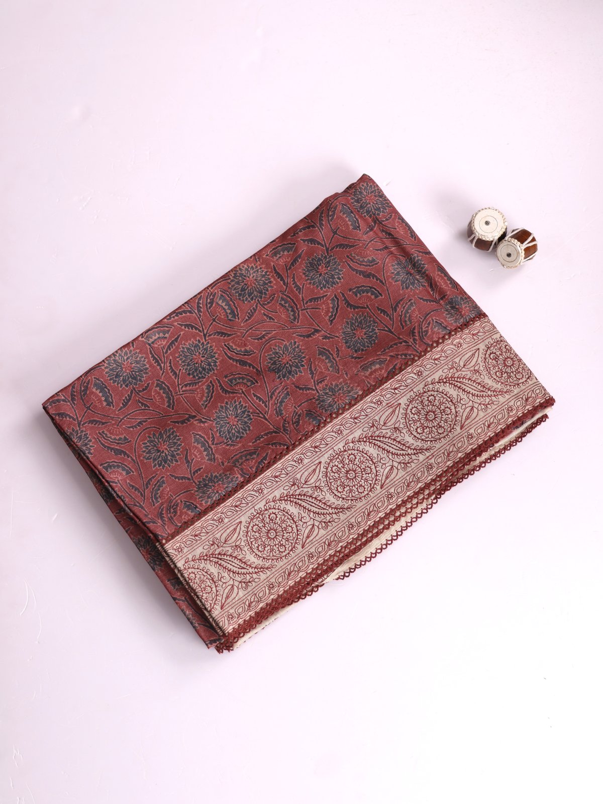 Dusty Red Printed Munga Tussar Silk Saree With Embroidered Border 