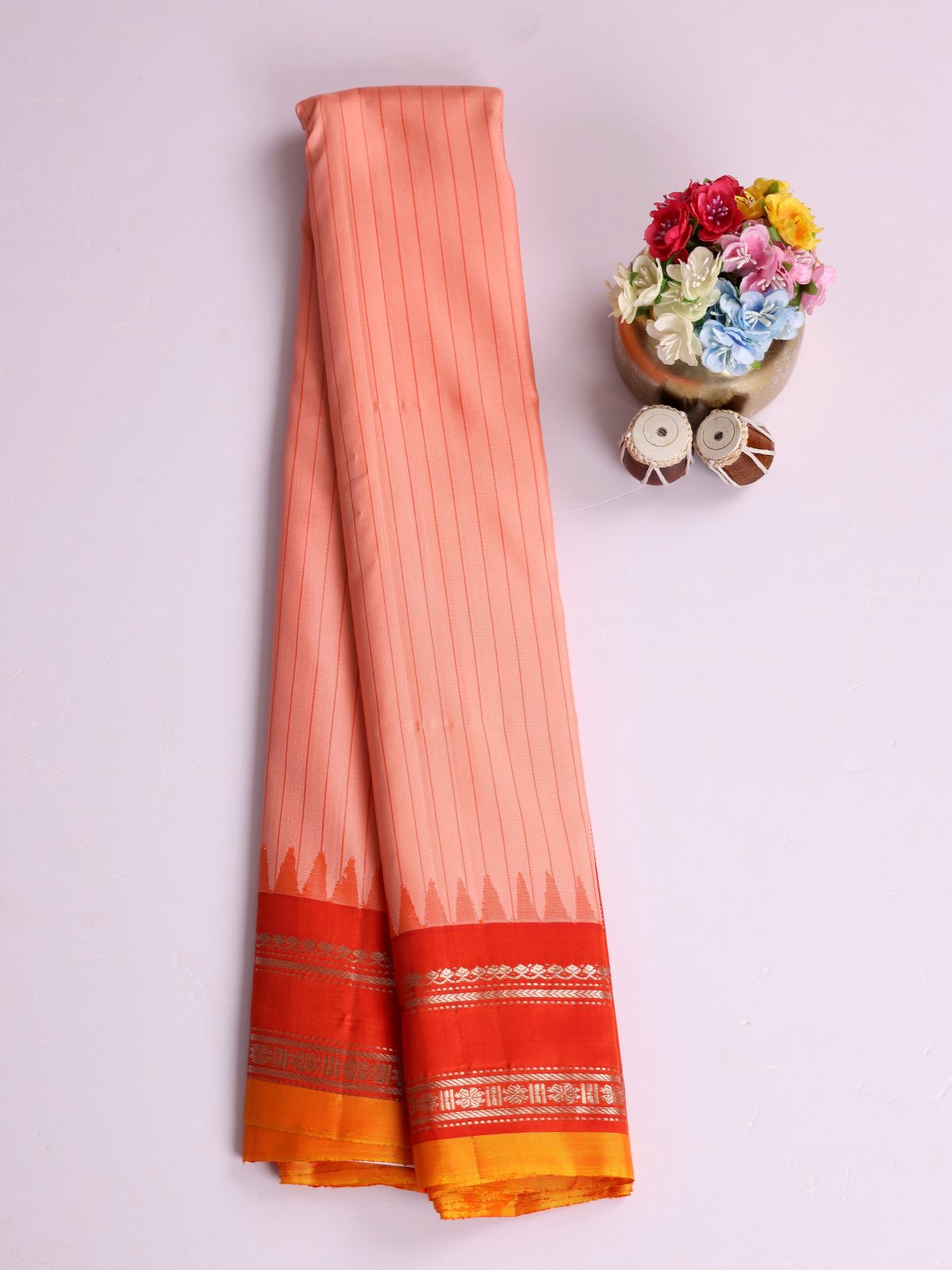Peachy Pink Striped Gadwal Silk Saree With Reddish Orange Border