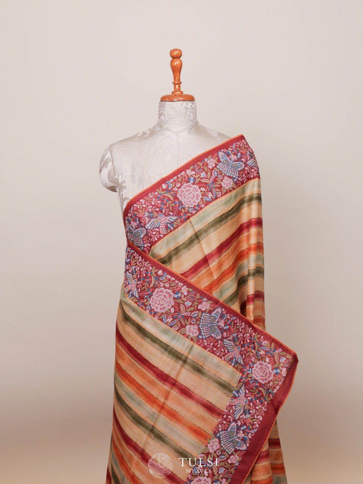 Multicolour Tussar Silk Saree with Floral Embroidery Border