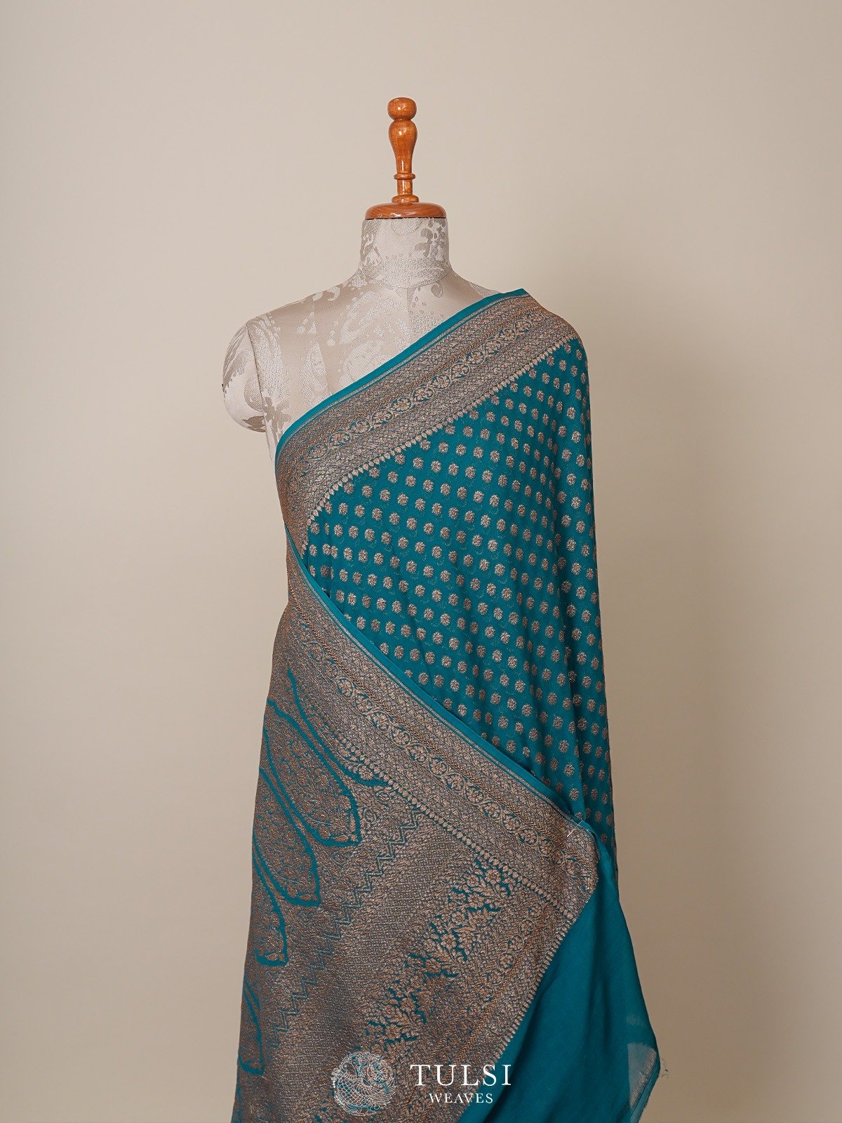 Teal Blue Banaras Georgette Silk Saree