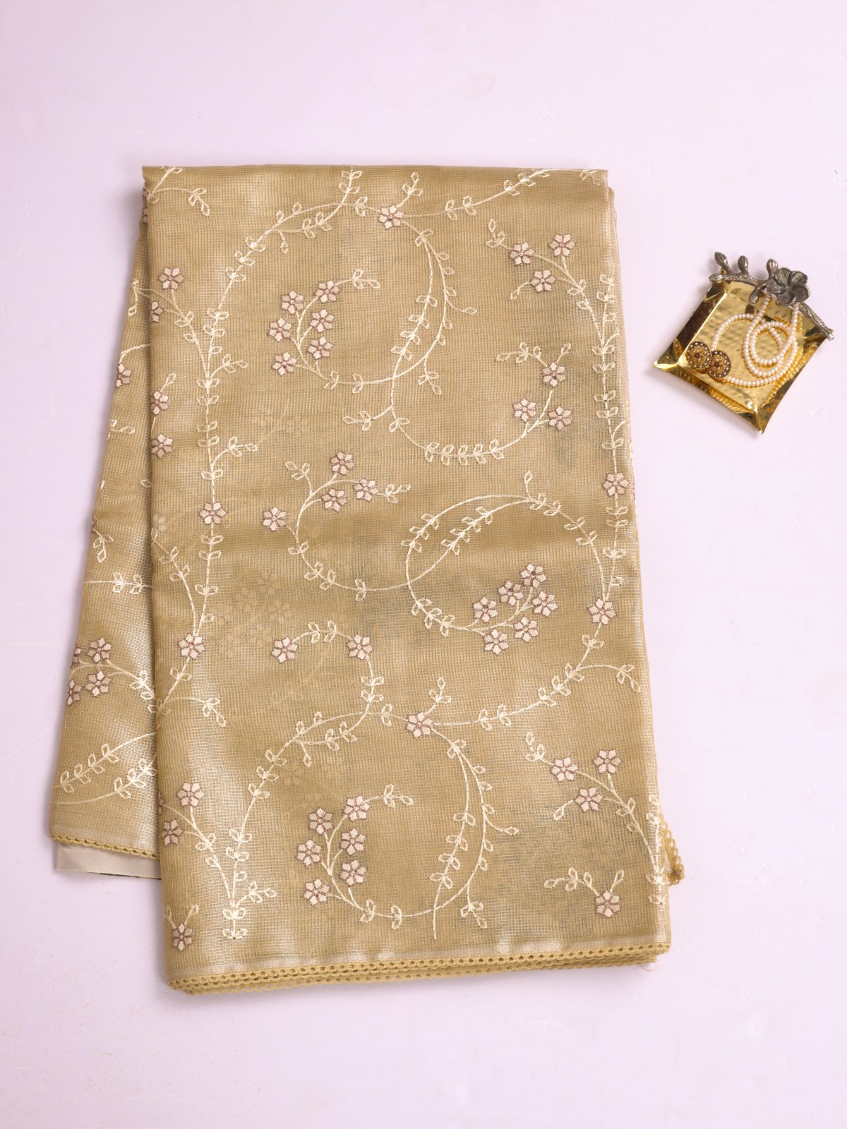 Pastel Yellow Tissue Kota Saree With Embroidery