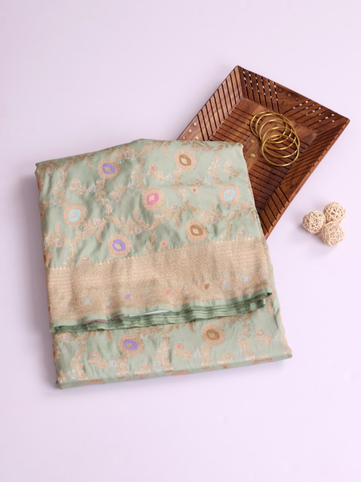 Pastel Green Banaras Silk Saree with Zari Border