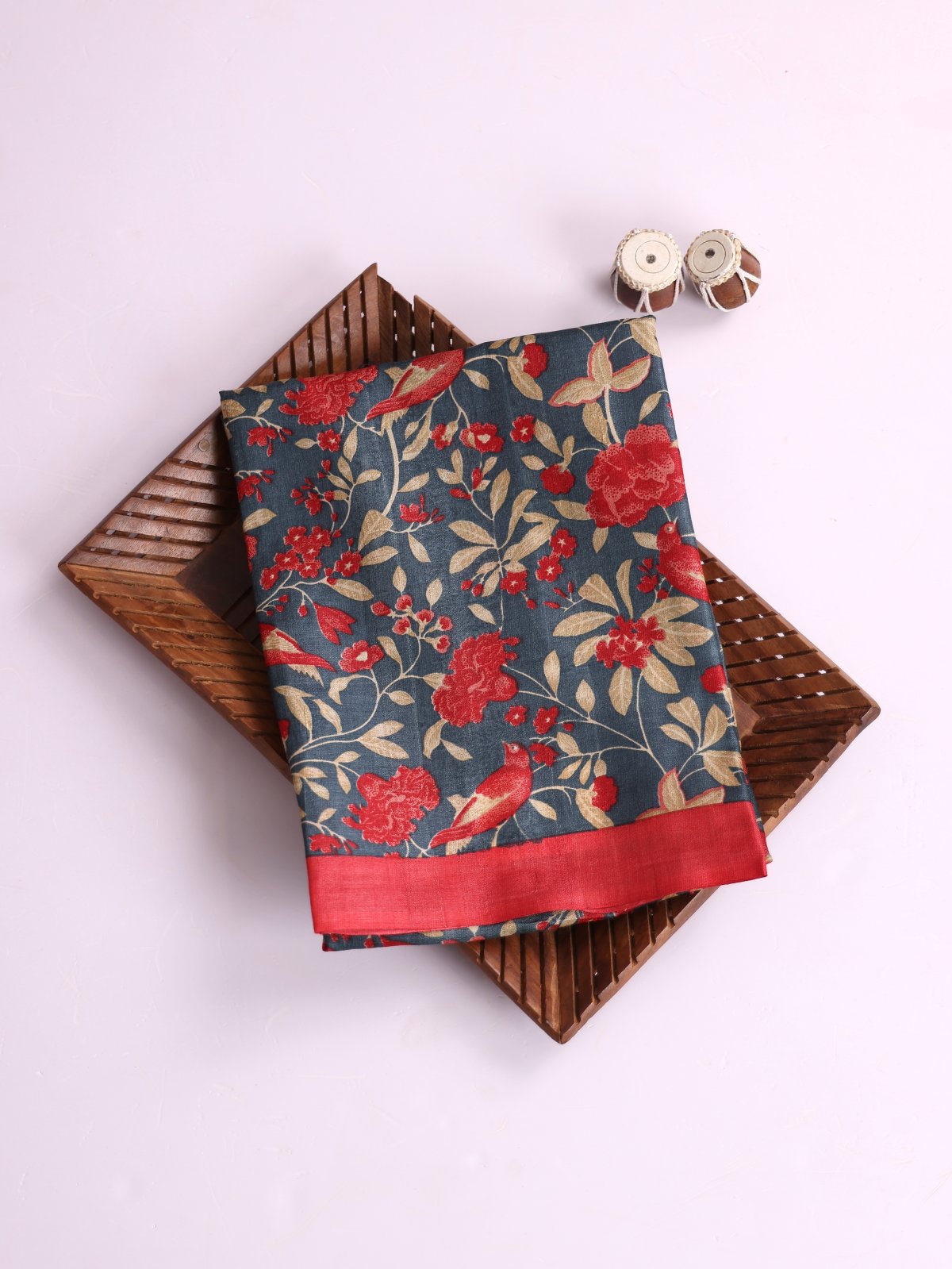 Light Bluish Grey Printed Tussar Silk Saree With Red Border