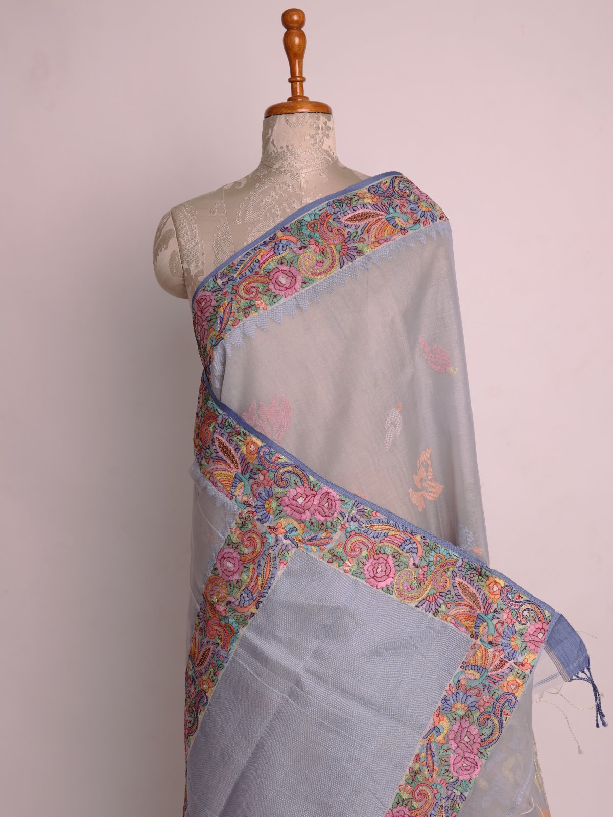 Bluish Grey Kora Jamdani Silk Saree With Shadow Embroidered Border