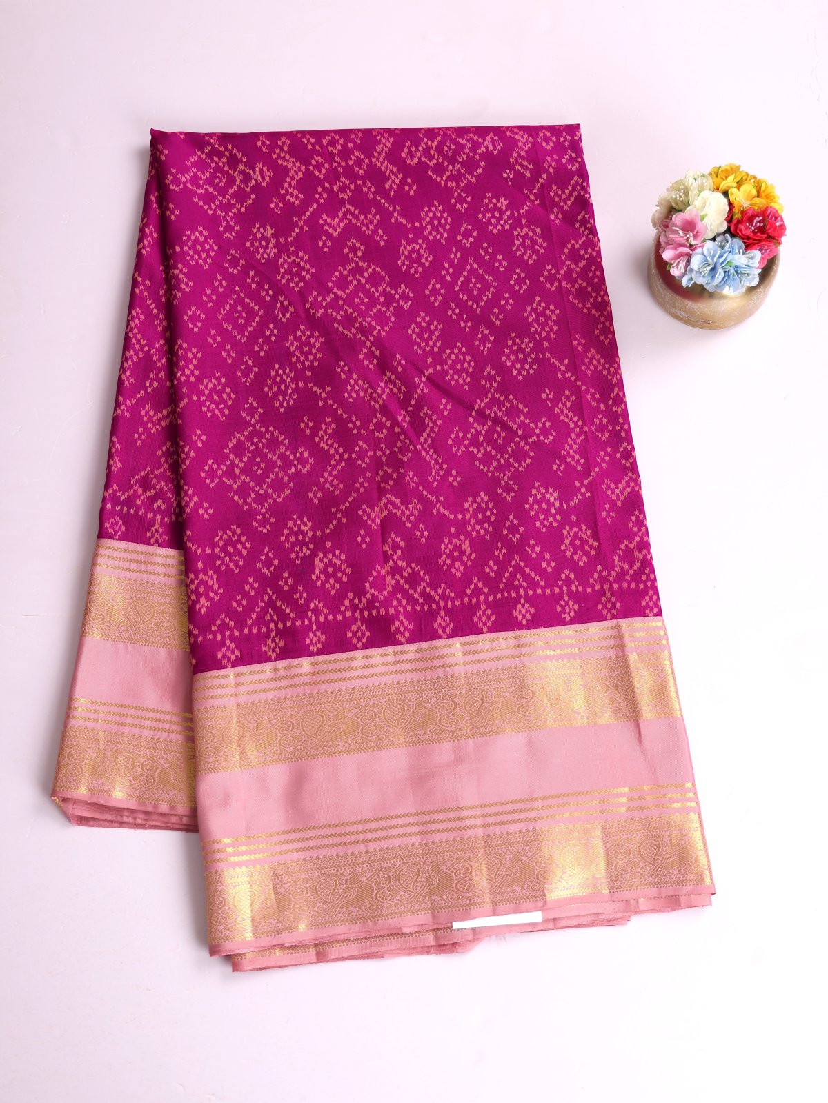 Magenta Pink Patola Silk Saree With Light Pink Kanjeevaram Zari Border