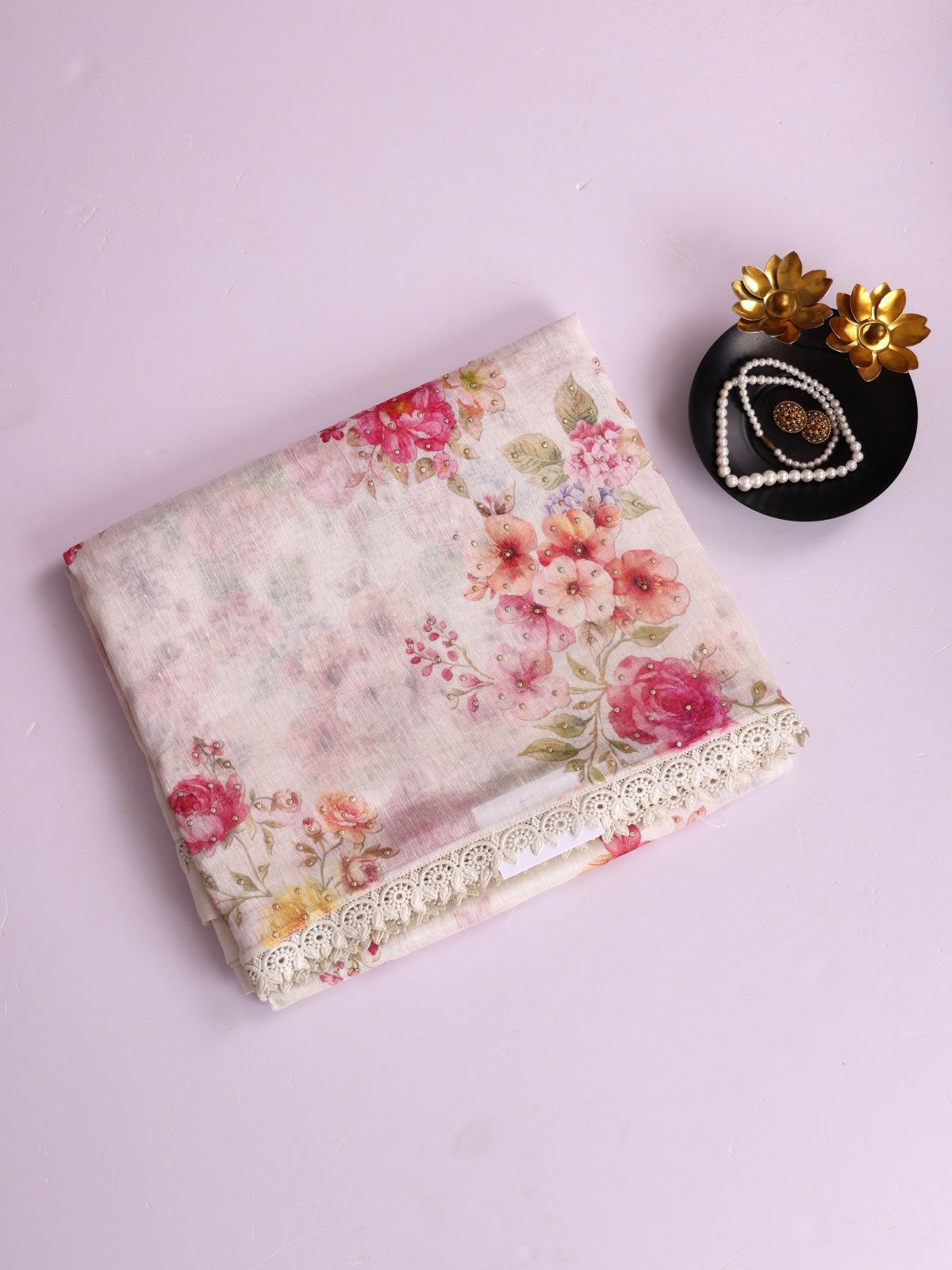 Off- White Printed Linen Saree