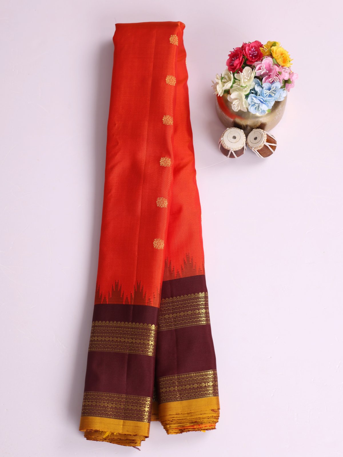 Bright Orange Gadwal Silk Saree With Brown Border