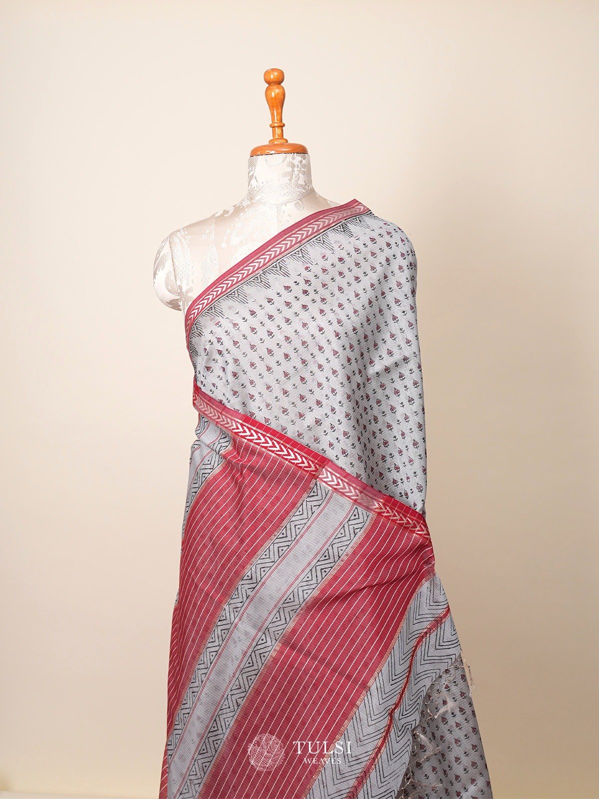 Steel Grey Handblock Printed Maheshwari Cotton Saree
