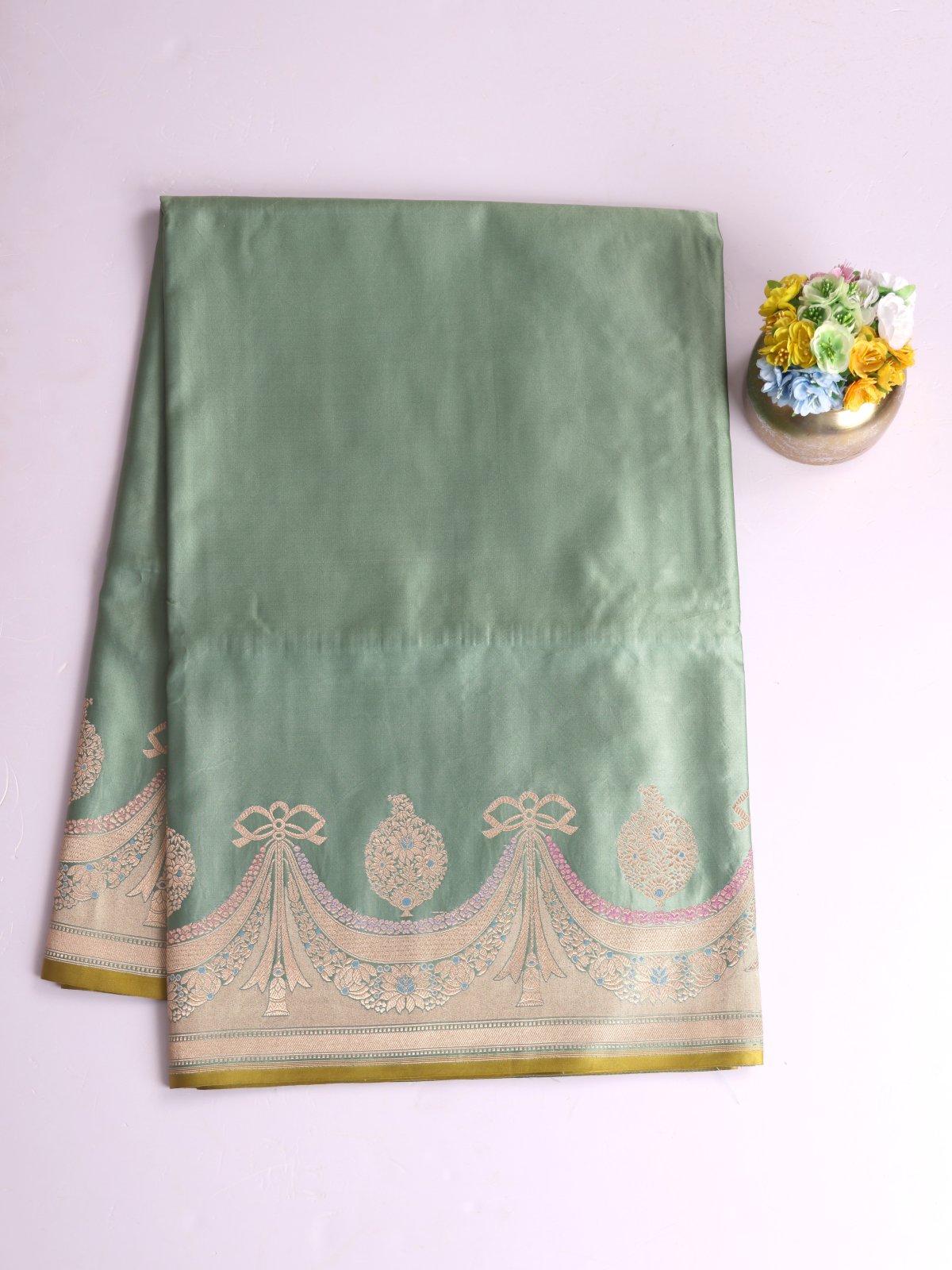 Pastel Green Mashru Silk Saree With Zari Border