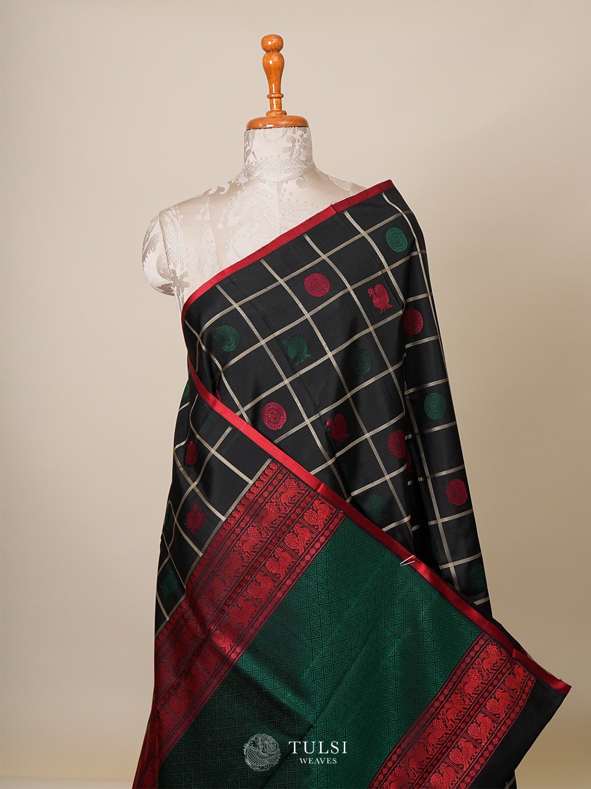 Black Checked Kanjeevaram Pattu Pett Silk Saree