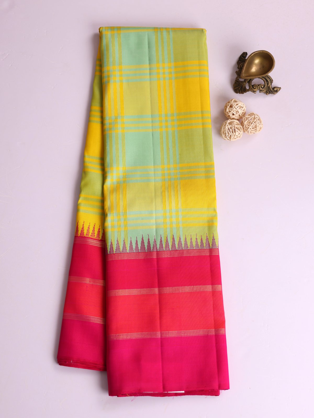 Multicolor Checked Kanjeevaram Silk Saree With Tri Color Bodi Border