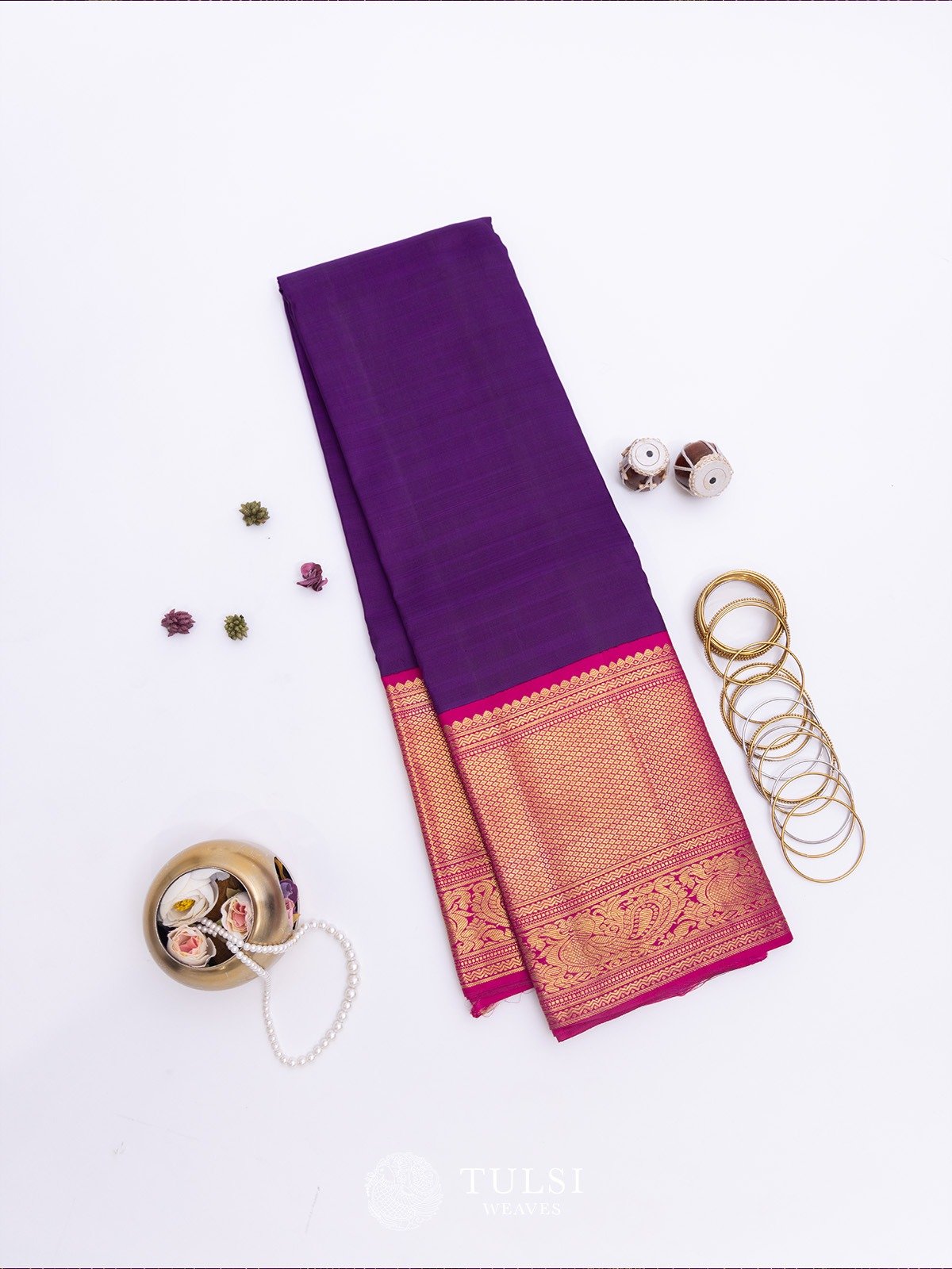 Purple Kanjeevaram Silk Saree with Rani Pink Border