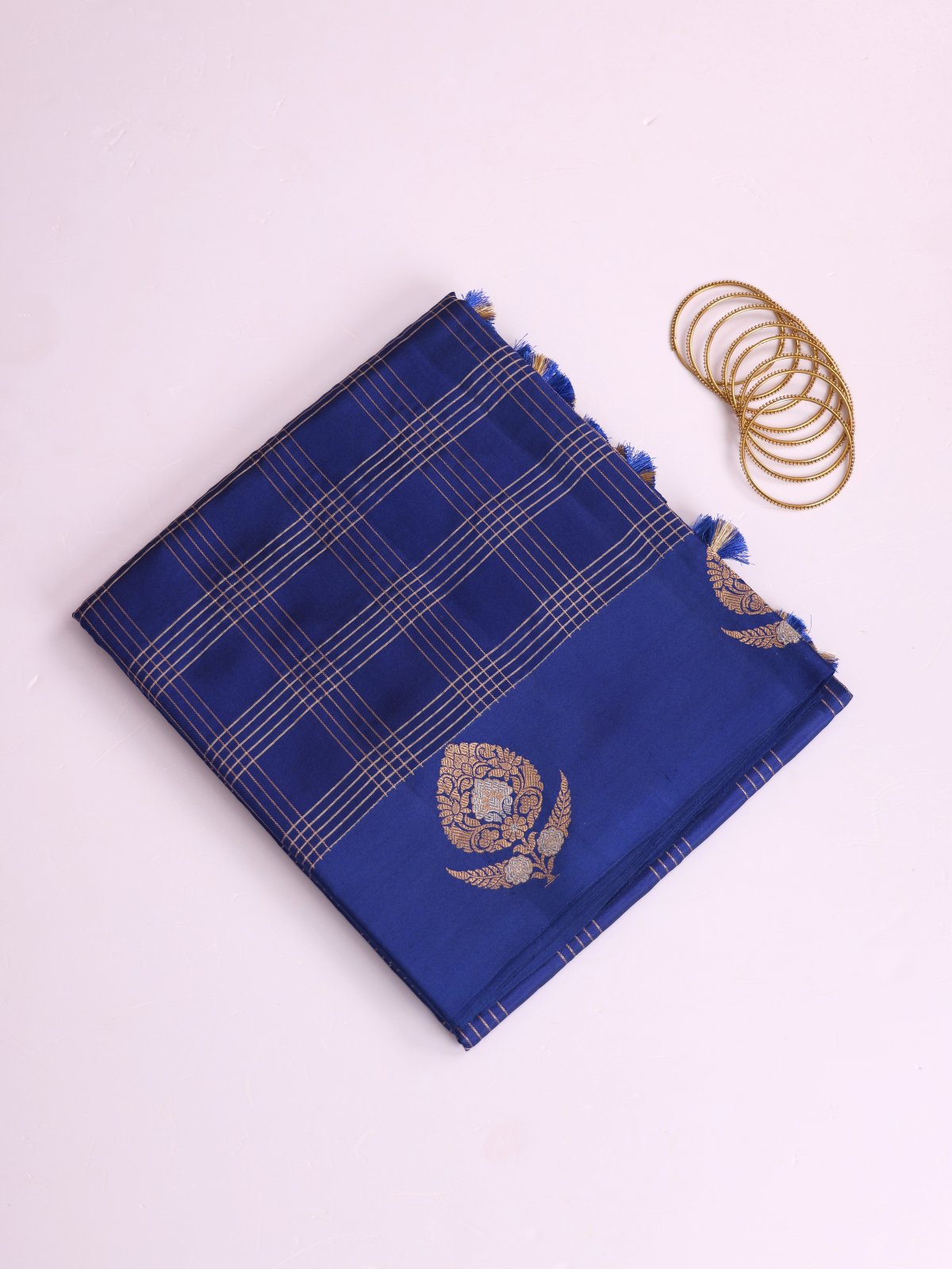 Royal Blue Zari Checked Mashru Silk Saree With Satin Border