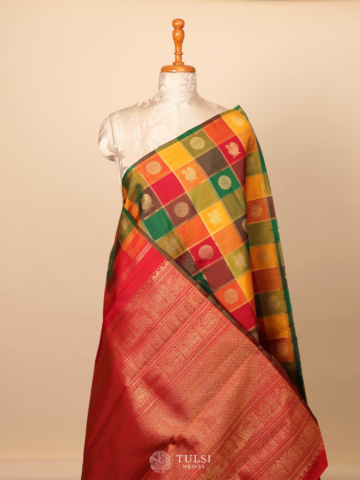 Multi Color Checked Kanjeevaram Silk Saree