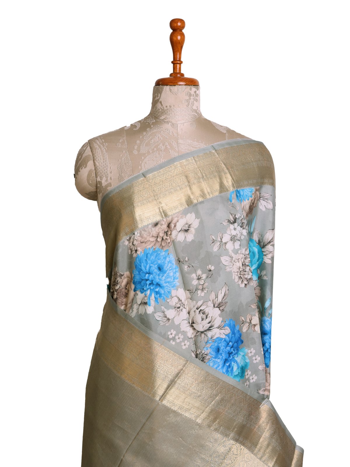 Grey Printed Kanjeevaram Silk Saree With Self Zari Border