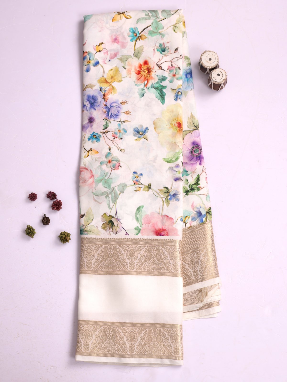 Off White Printed Kanjeevaram Silk Saree 