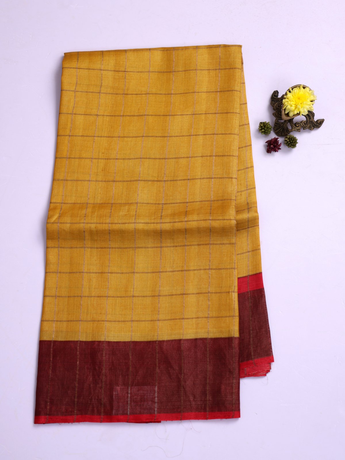 Mustard Yellow Zari Checked Tussar Silk Saree With Red Printed Blouse
