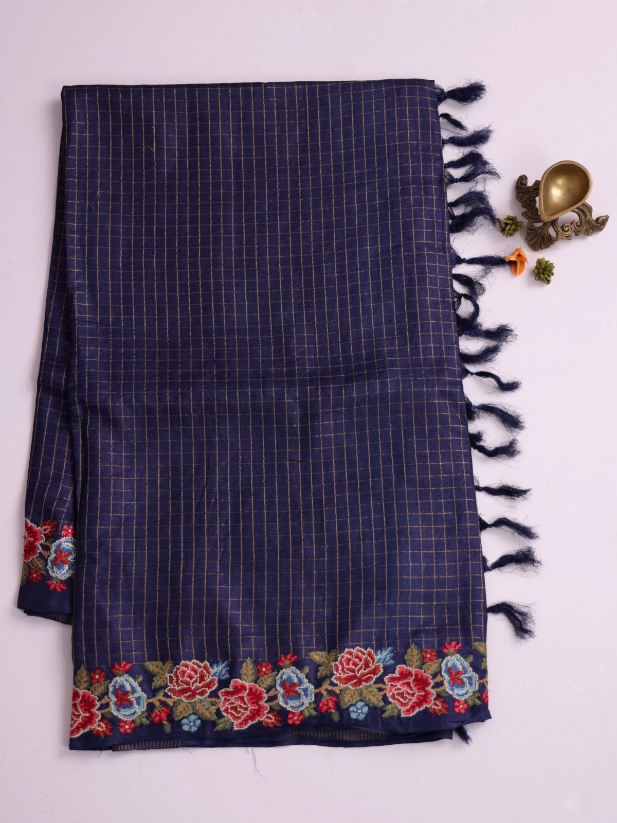 Navy Blue Zari Checked Tussar Silk Saree With Cross-Stitch Embroidery