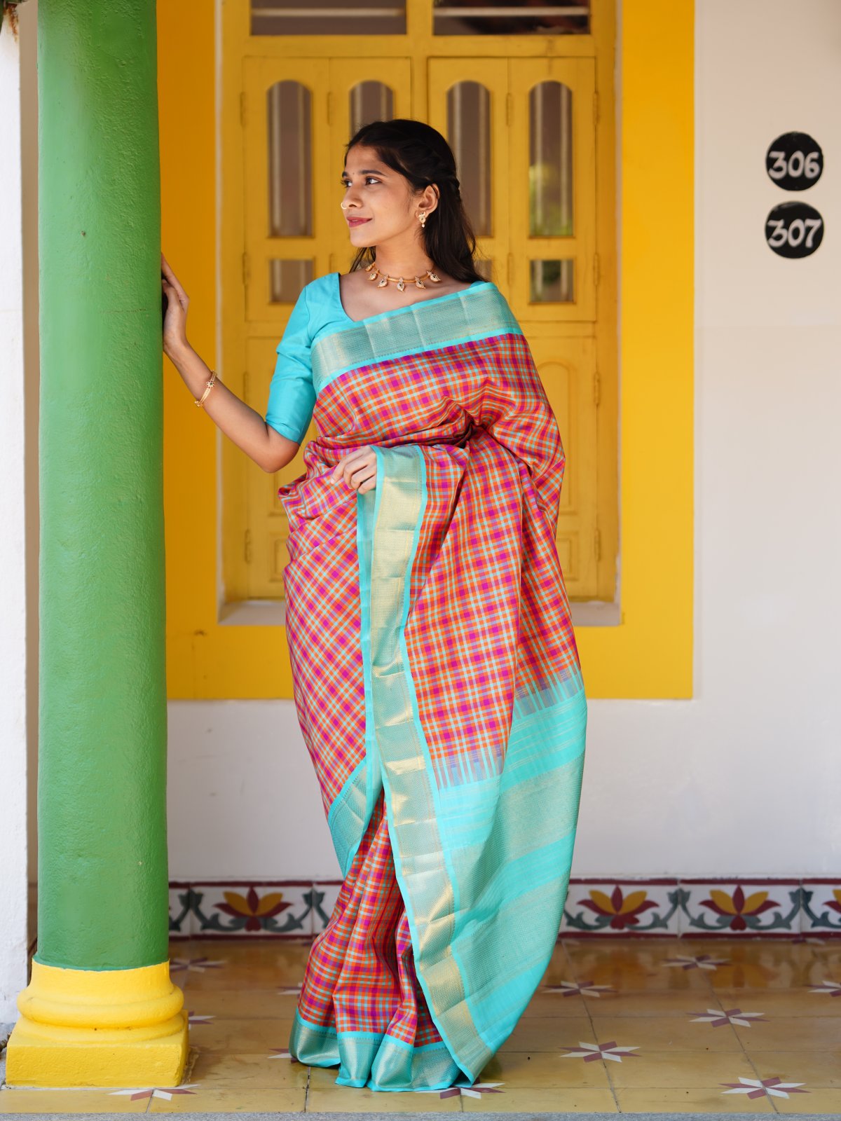 Multicolor Kanjeevaram Silk Saree with Light Blue Zari Border