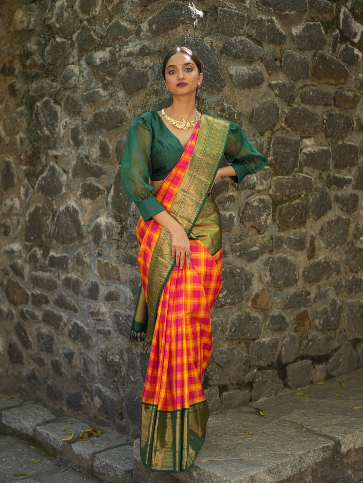 checked-kanjeevaram-silk-saree-with-dark-green-border