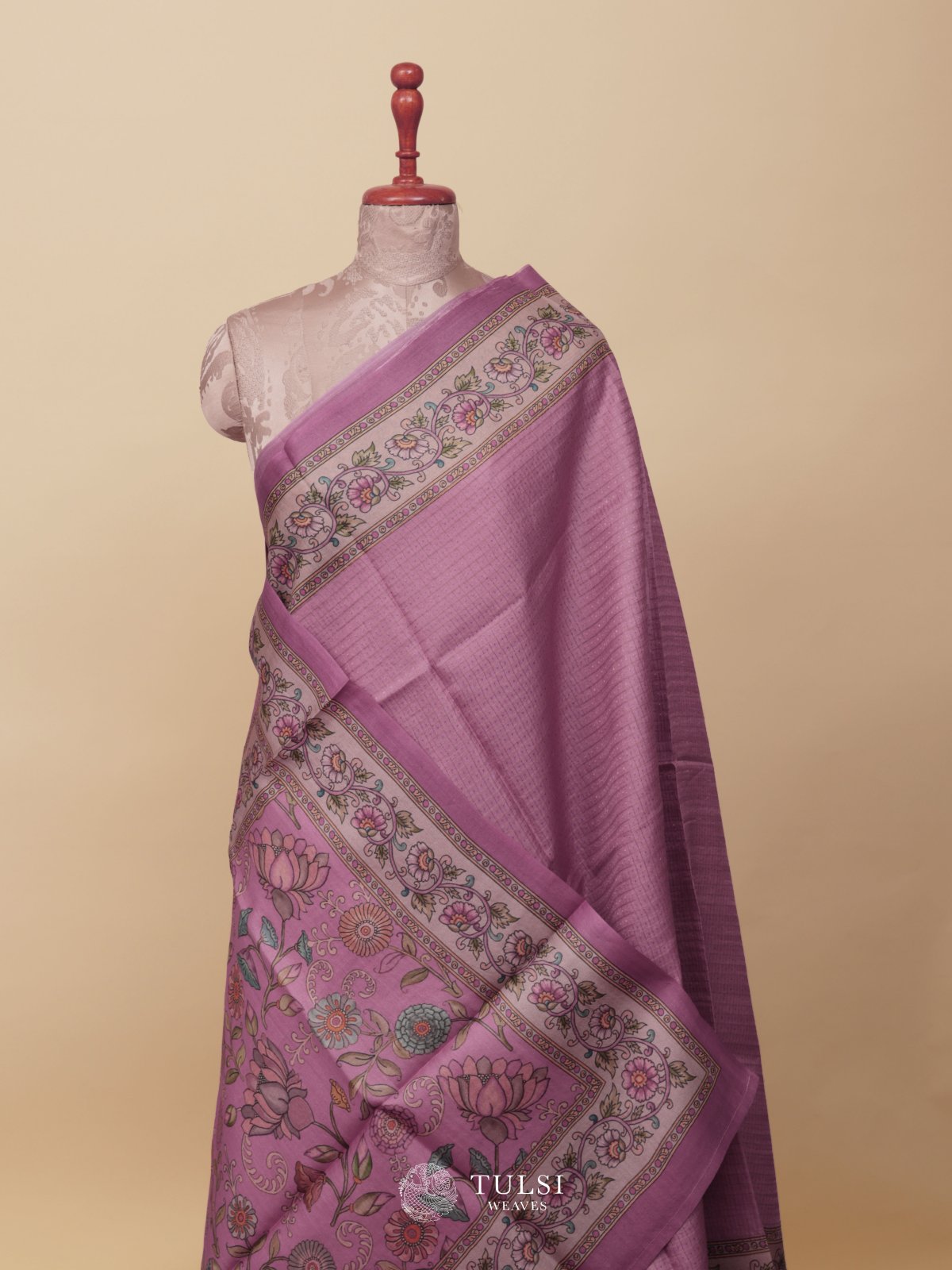 Dusty Purple Printed Tussar Silk Saree