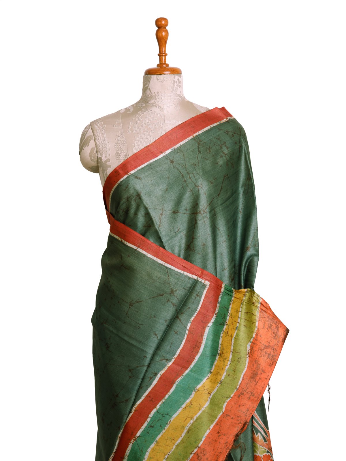 Olive Green Batik Printed Tussar Silk Saree