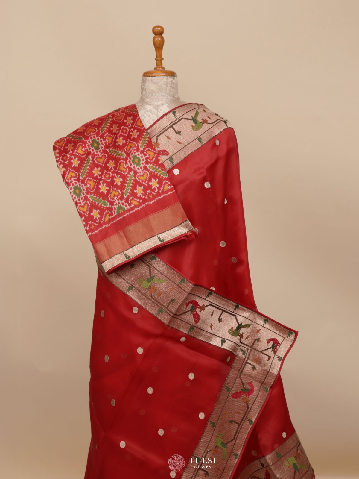 Red Organza Saree Paithani Border With Ikat Blouse