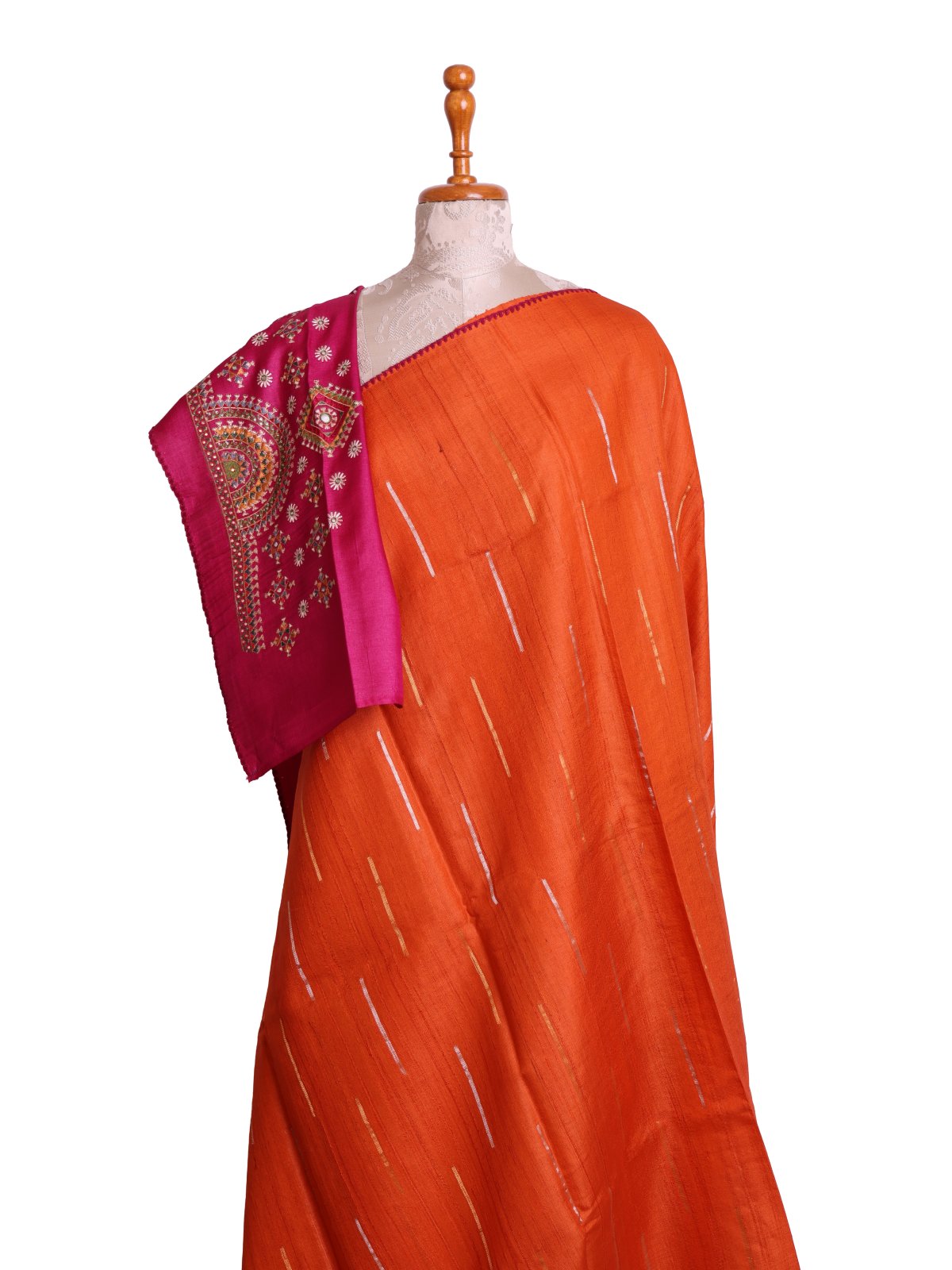 Orange Tussar Silk Saree with Kutch Embroidered Blouse