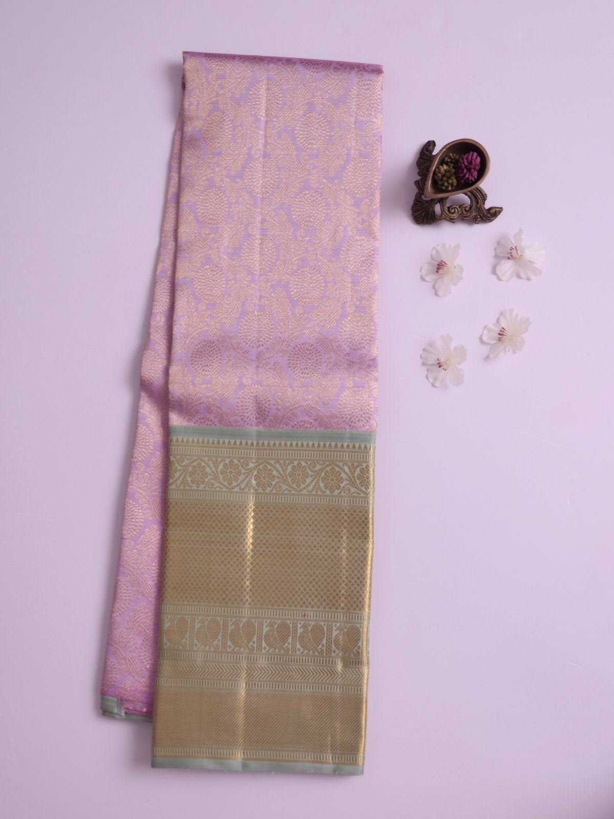Lilac Pink Kanjeevaram Silk Pavadai with Greenish Grey Border
