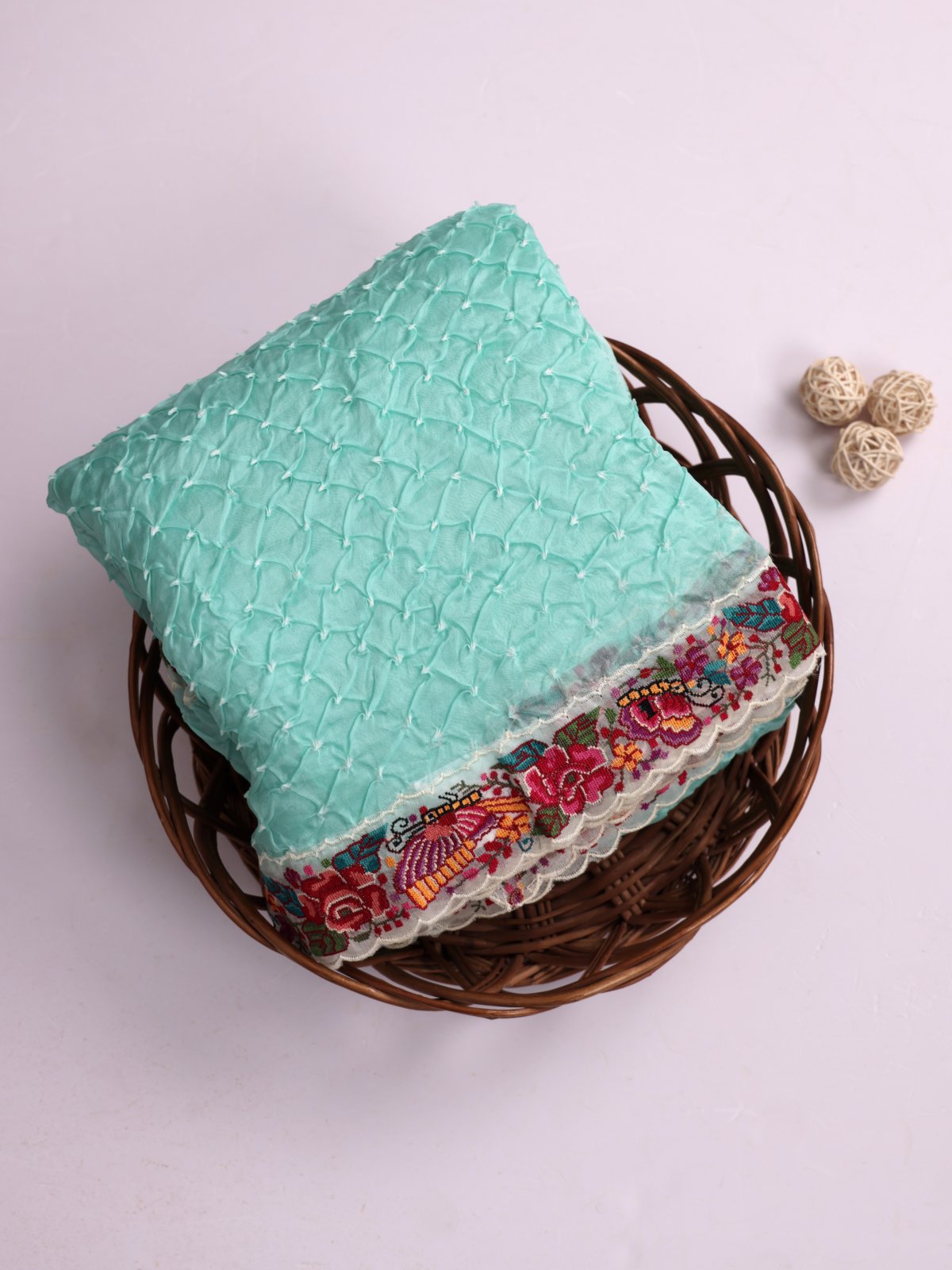 Light Greenish Blue Bandhini Organza Silk Saree with Cross-Stitch Embroidery