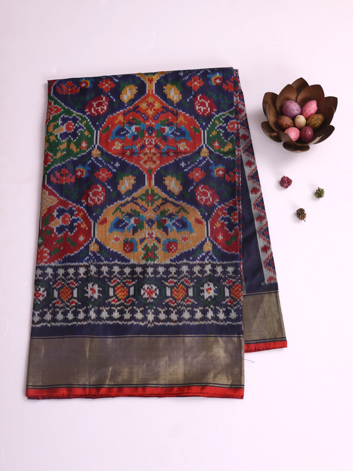 Dark Navy Blue Patola Silk Saree With Zari Border
