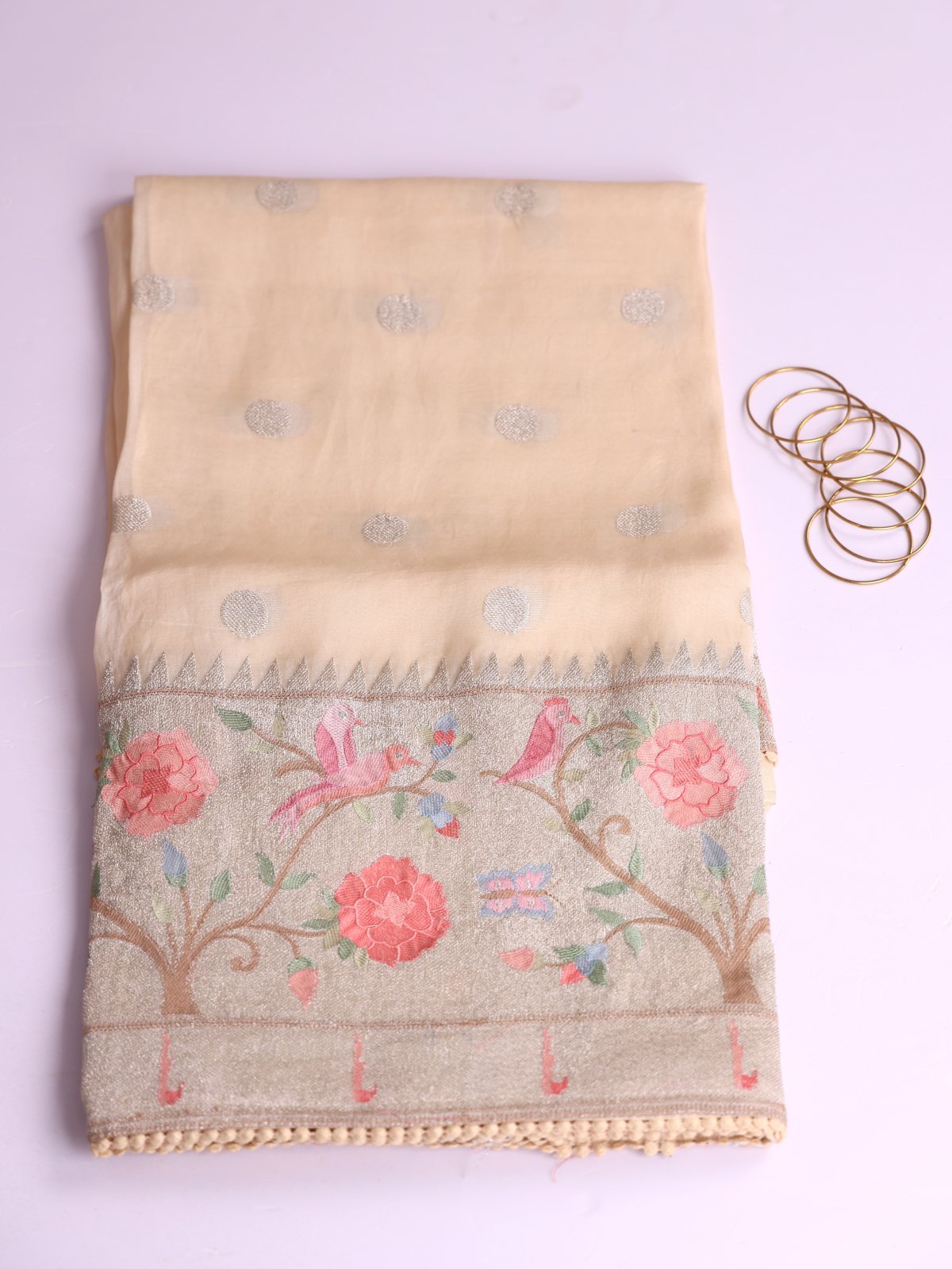 Beige Organza Saree With Paithani Embroidery
