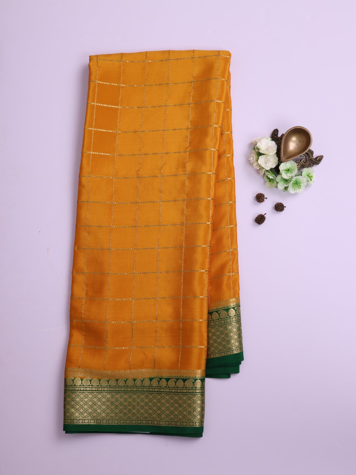 Mustard Yellow Zari Checked Mysore Silk Saree With Green Border