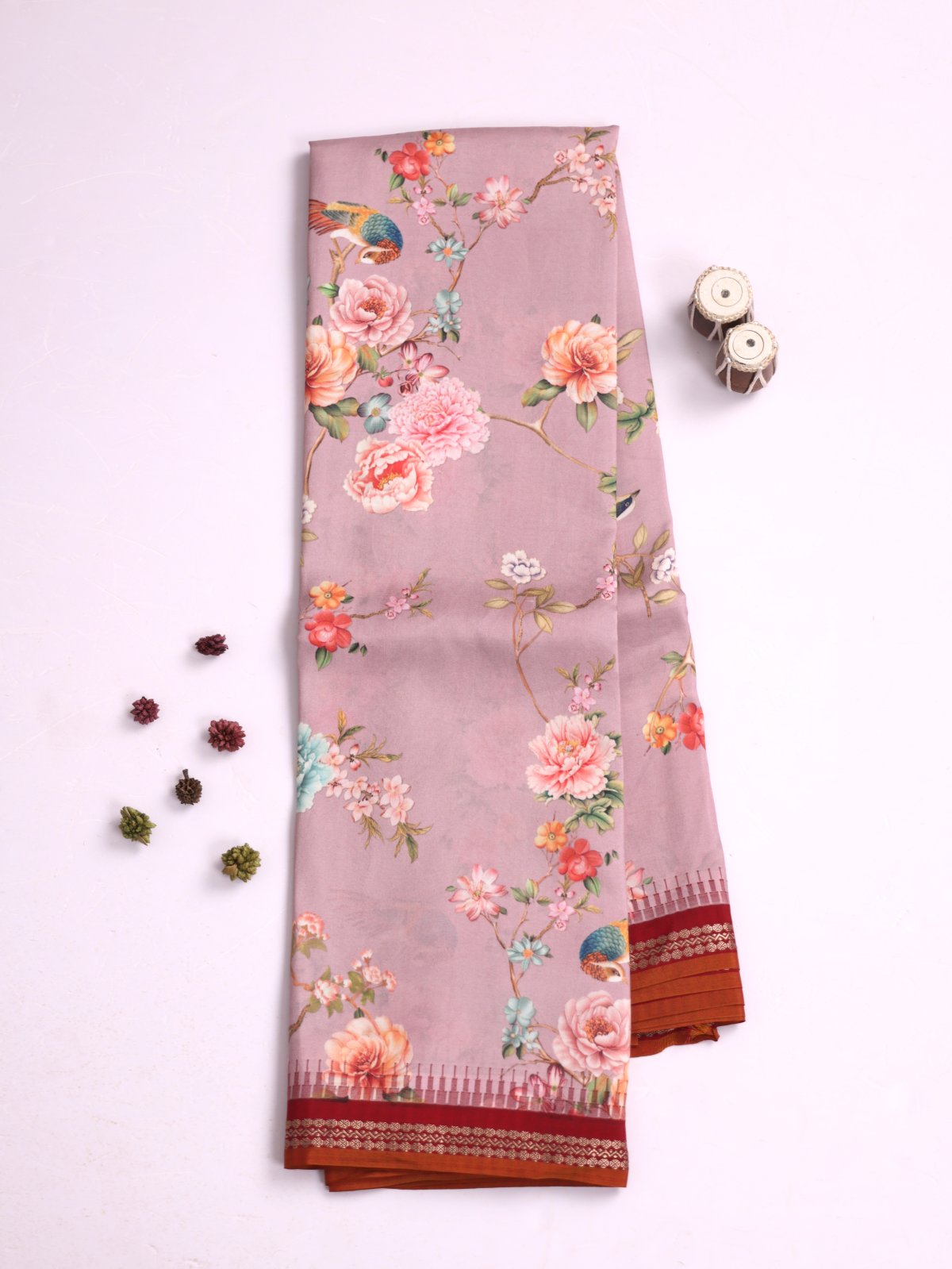 Onion Pink Printed Kanjeevaram Silk Saree With Maroon Border