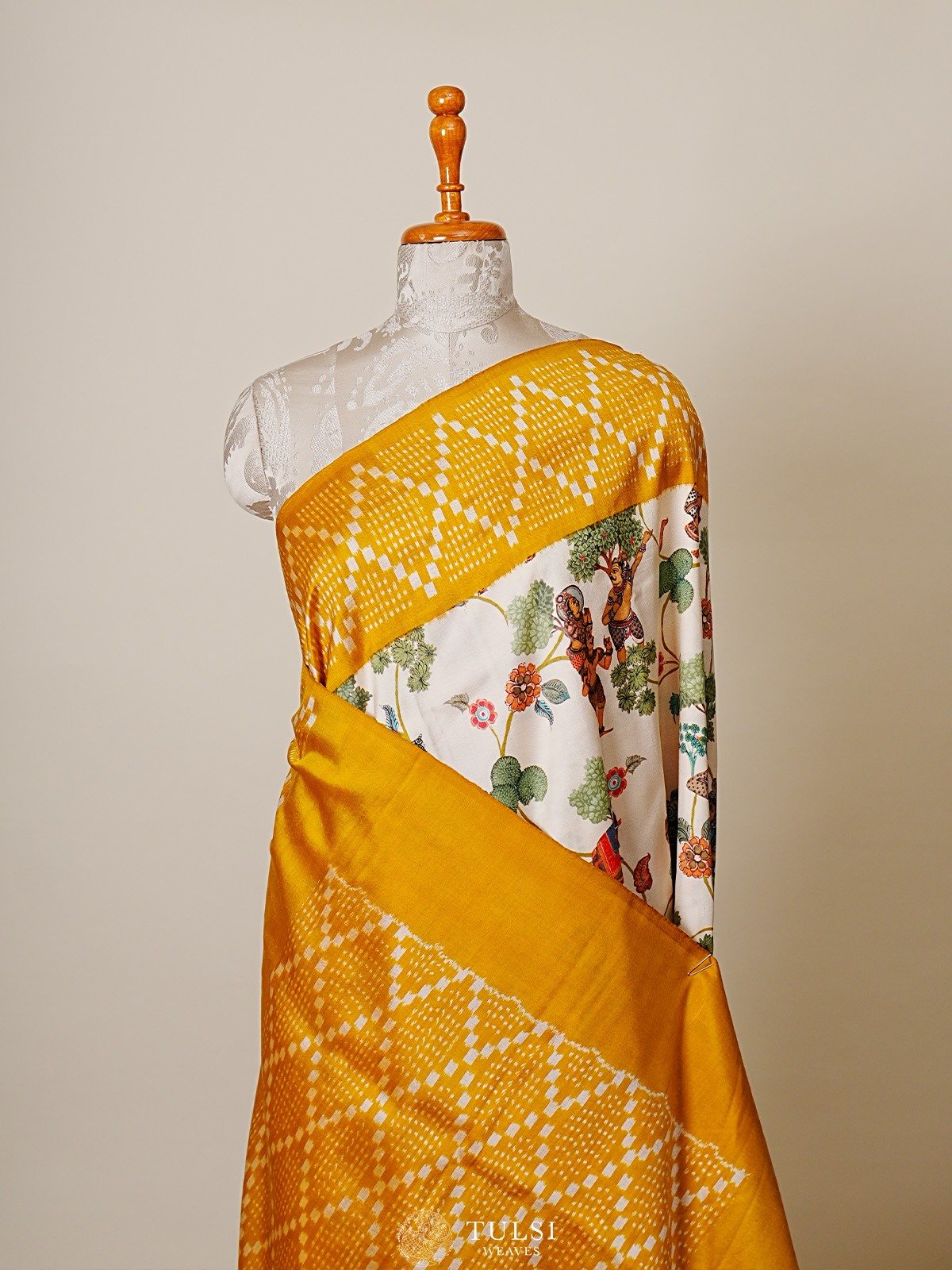 Cream Printed Kanjeevaram Silk Saree with Ikat Border