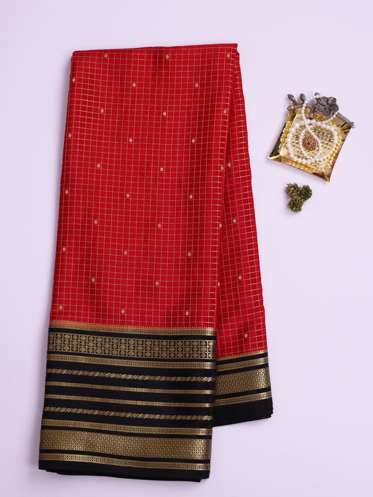 Red Zari Checked Mysore Silk Saree With Black Border