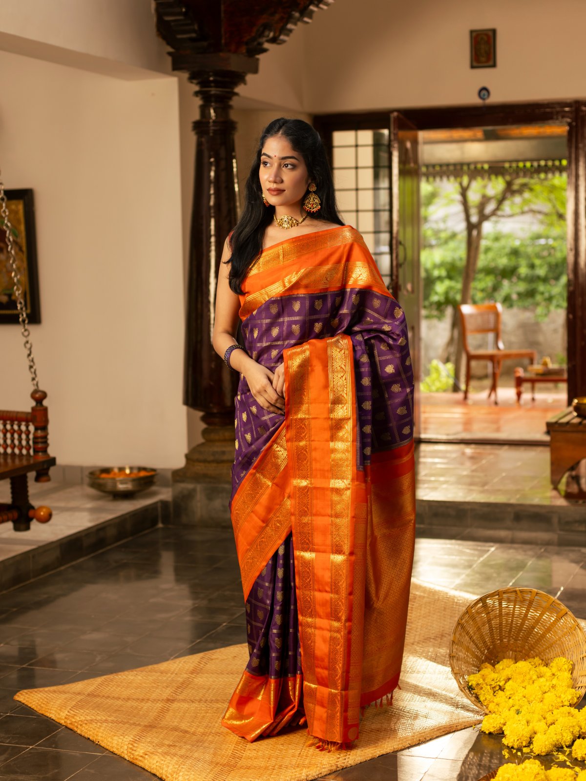 Purple Checked Kanjeevaram Silk Saree with Korvai Border 