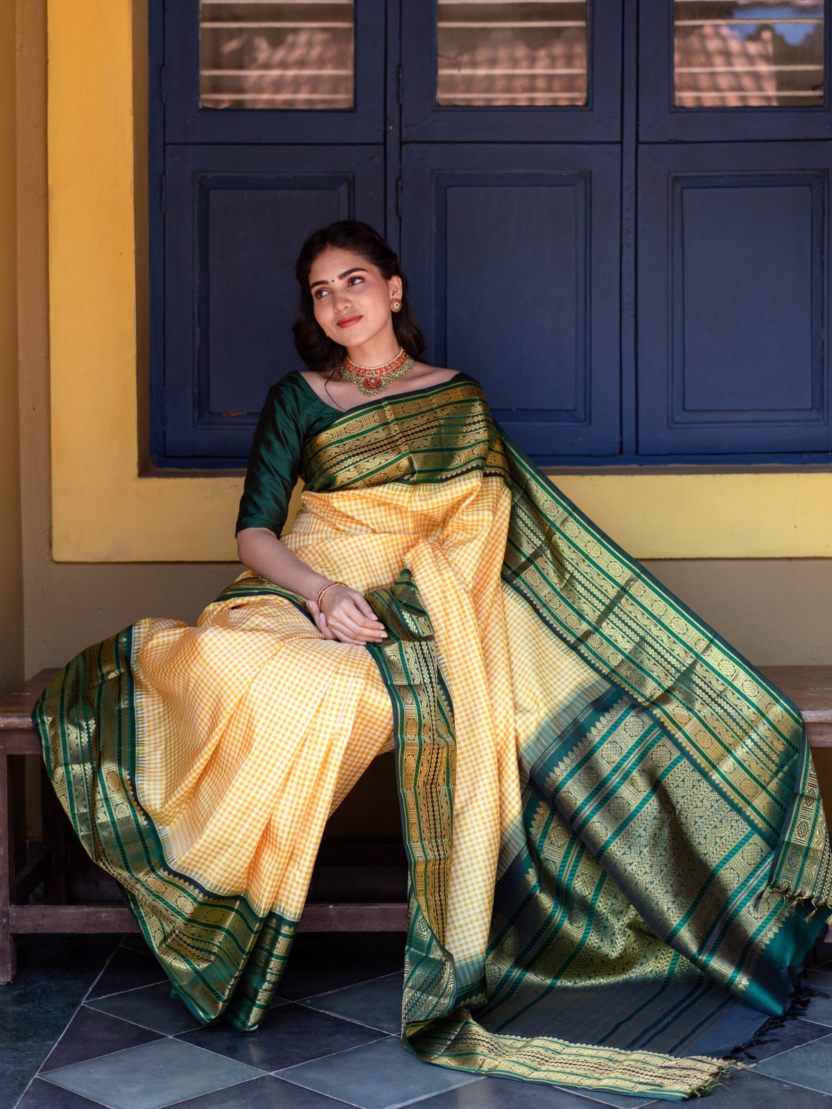 Checked Yellow Kanjeevaram Silk Saree With Green Border