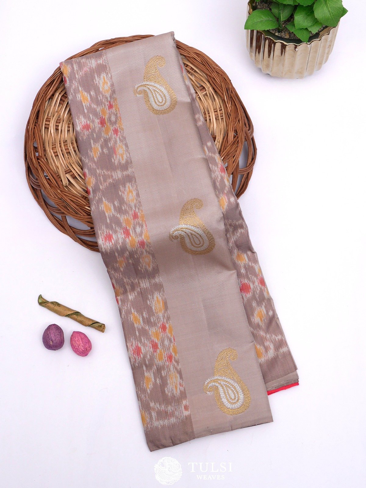 Beige Kanjeevaram Ikat Silk Saree