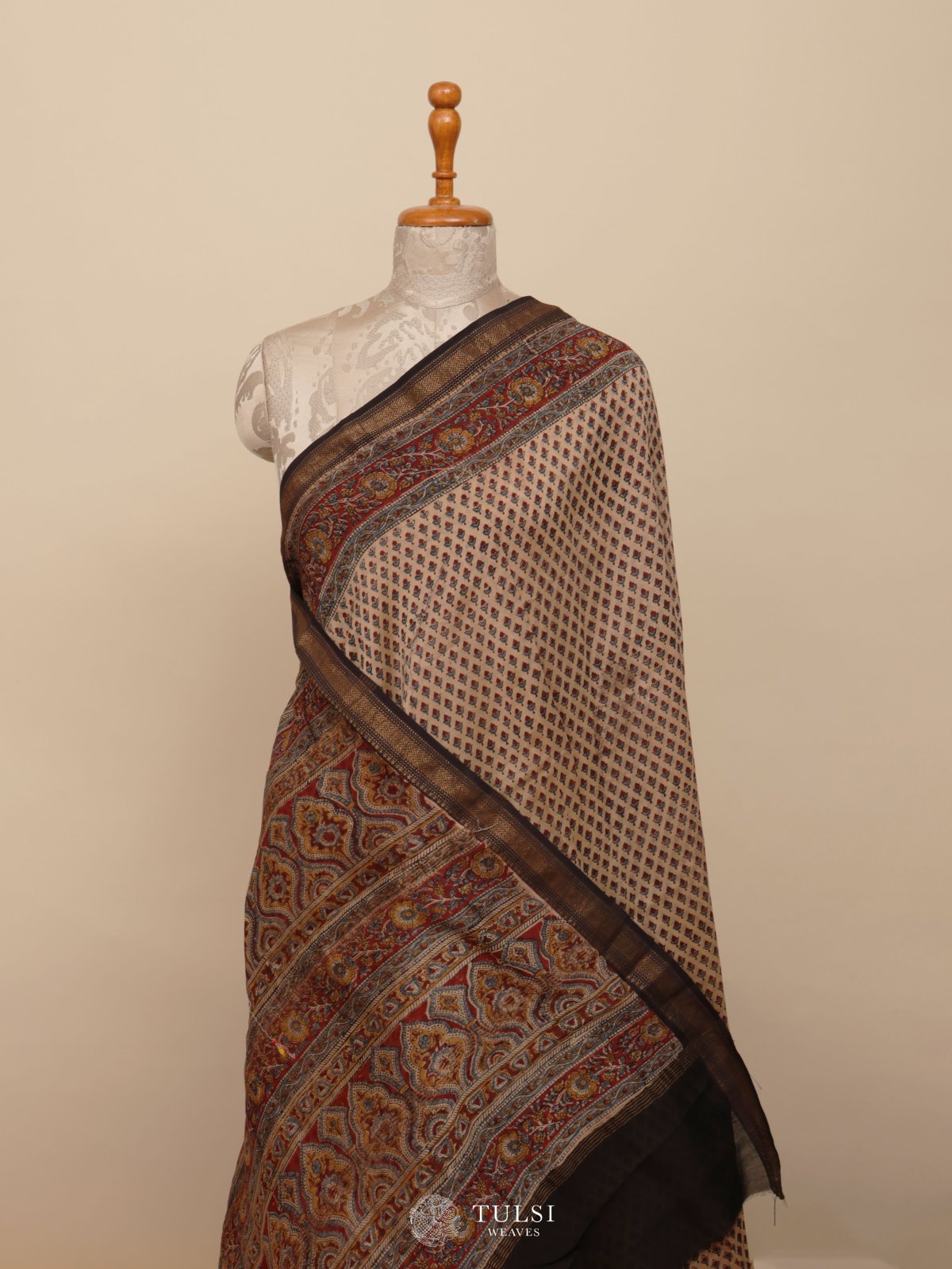 Dark Beige Printed Chanderi Silk Saree