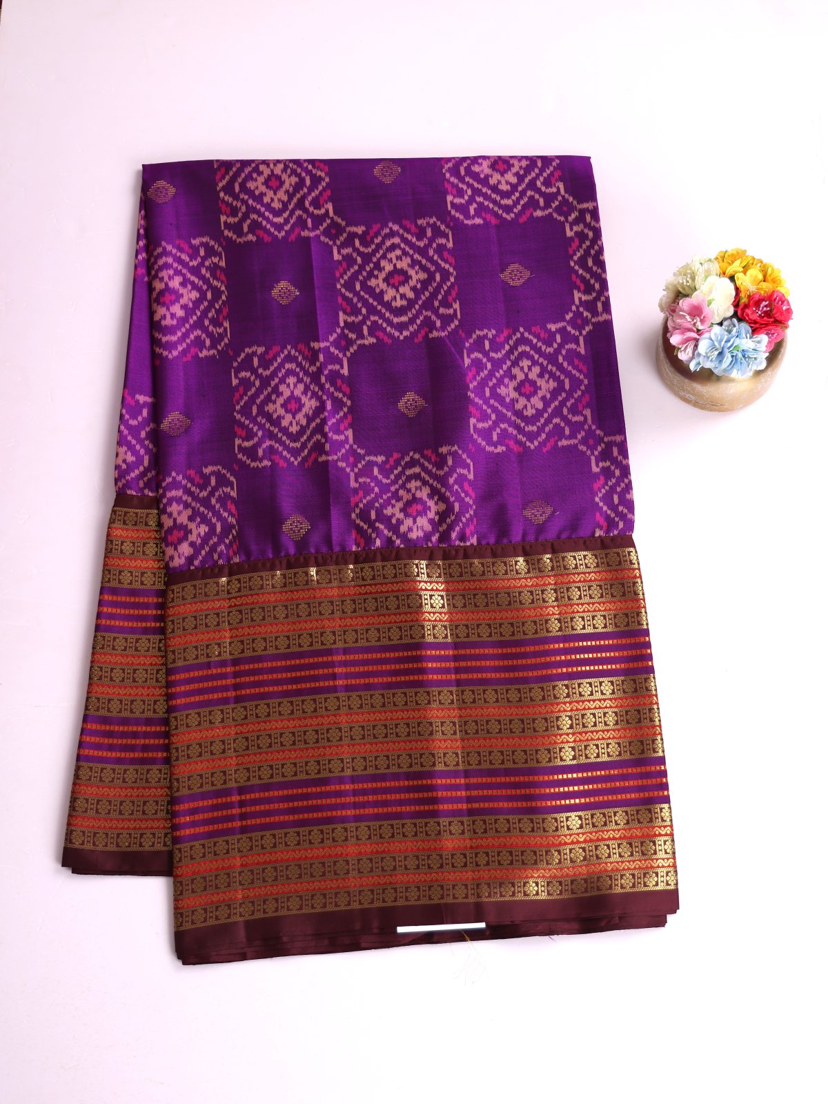 Purple Patola Silk Saree With Brown Kanjeevaram Zari Border