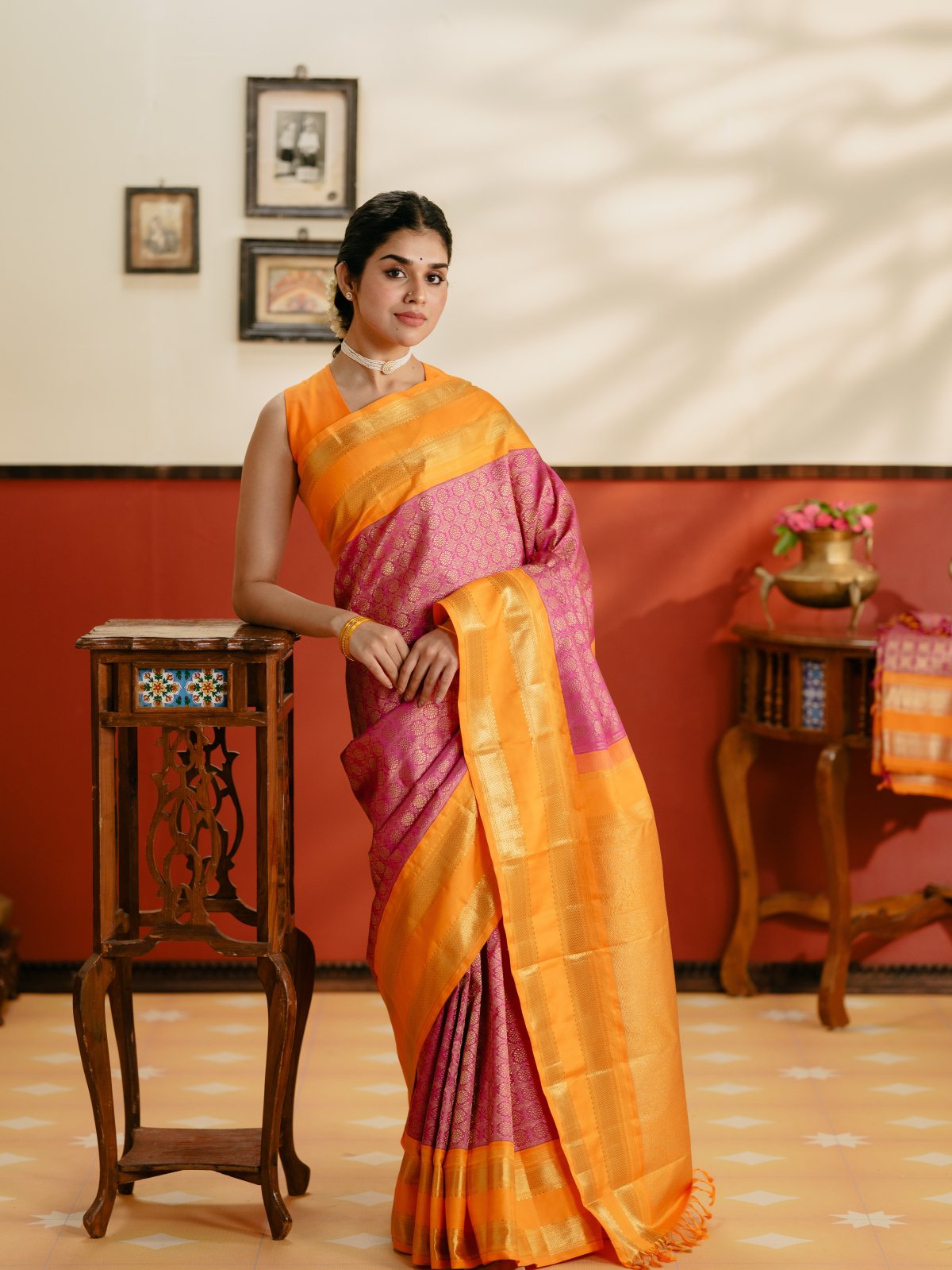 Vintage 40 - Rani Pink Brocade Kanjeevaram Silk Saree With Orange Border