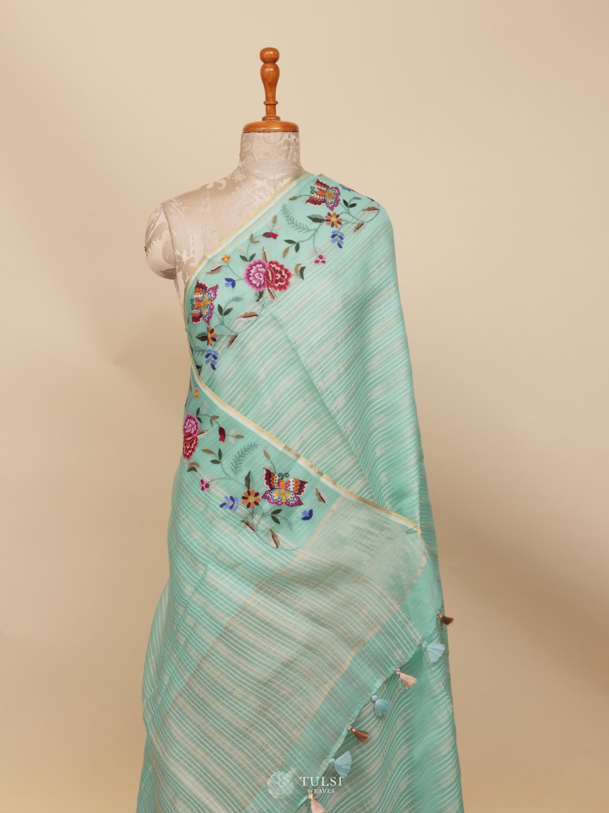 Light Aqua Blue Organza Embroidery Saree