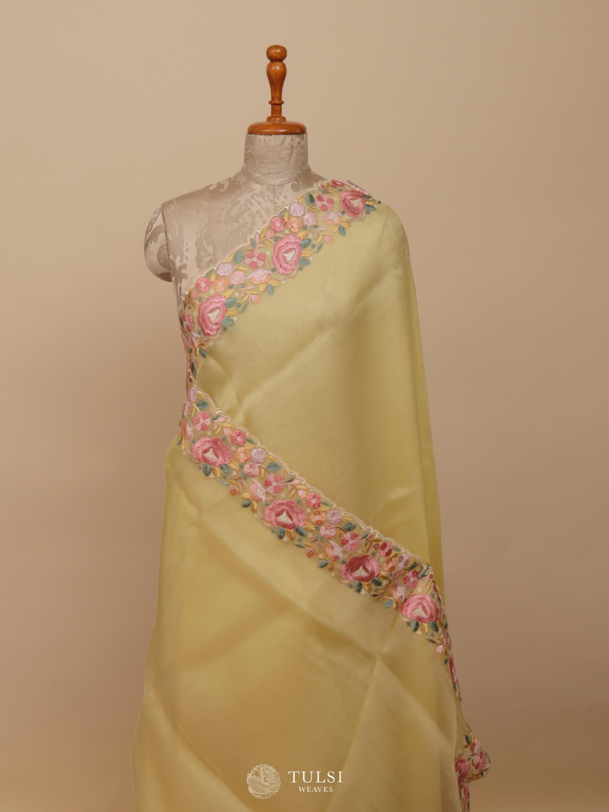 Pastel Yellow Organza Embroidery Saree