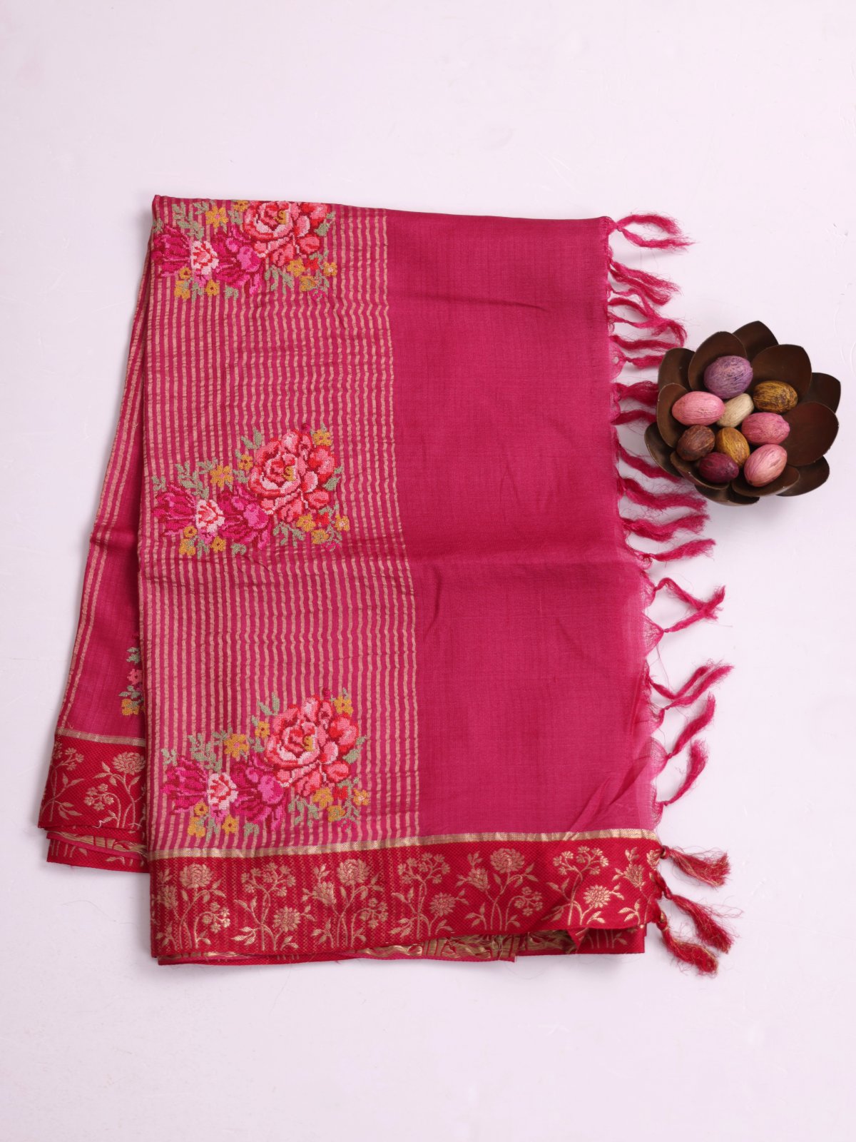 Rani Pink Tussar Silk Saree With Cross-Stitch Embroidery