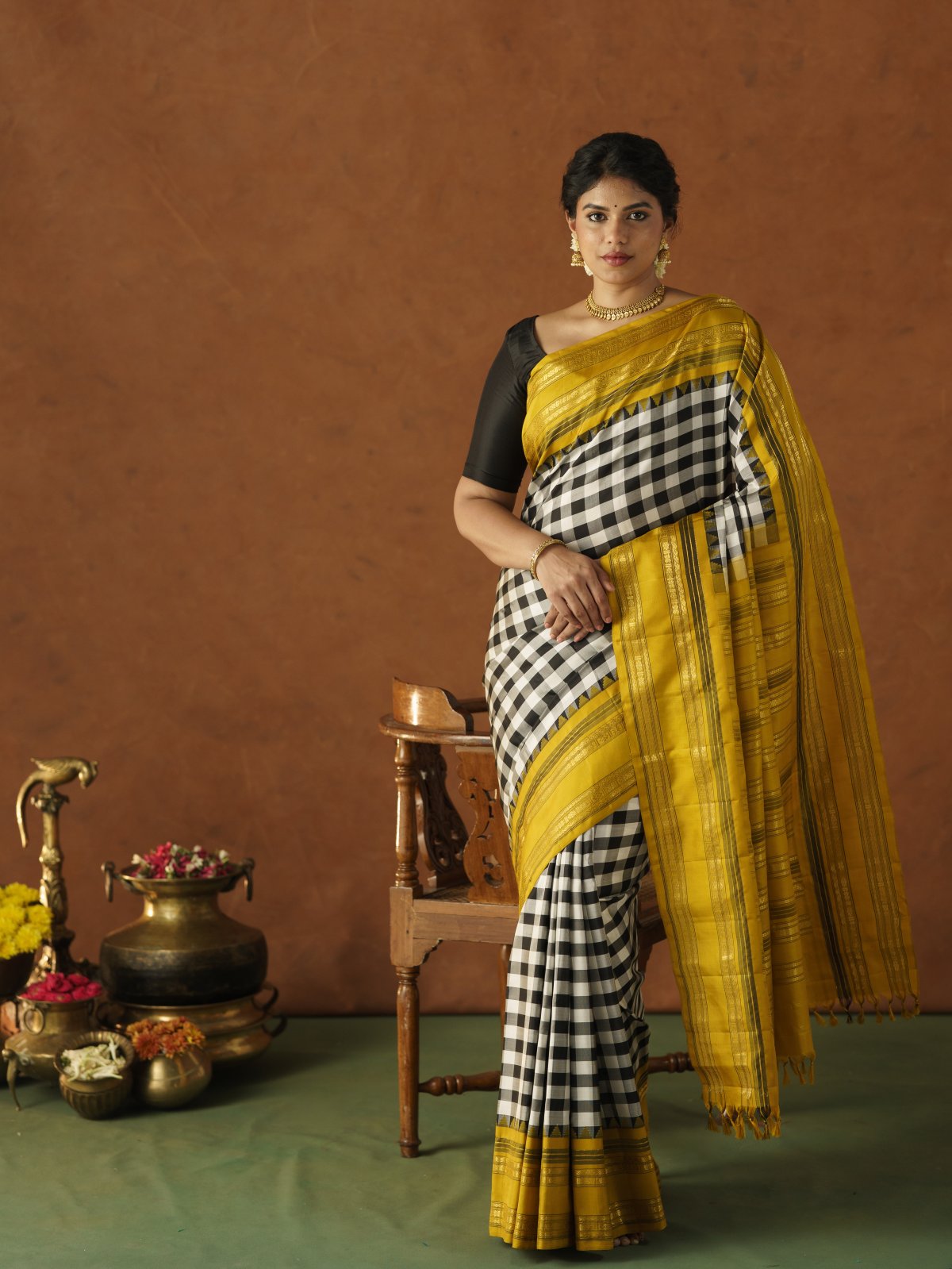 Black and White Checked Gadwal Silk Saree with Yellow Border